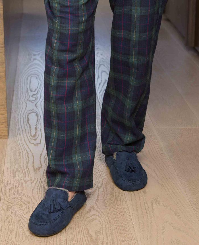 Men's Navy Microsuede Moccasin Slippers model shot