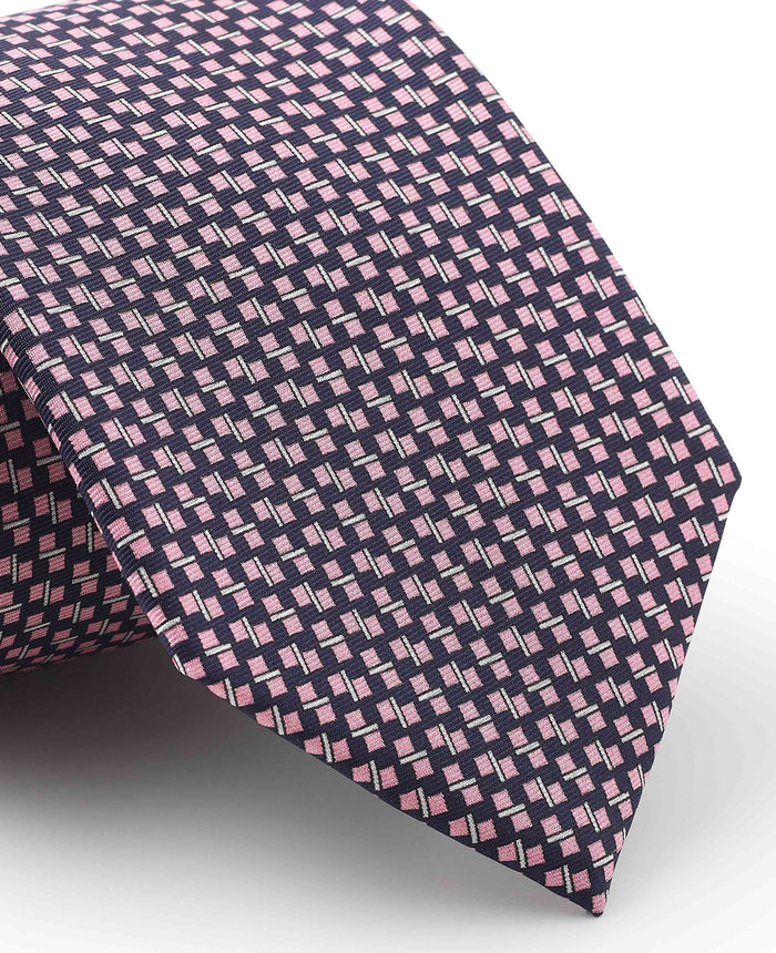 Men's Navy Pink Square Print Silk Tie pattern detail