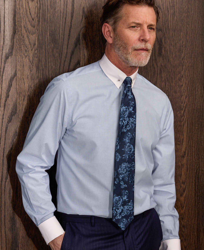 Men's Navy Rose Silk Tie model shot