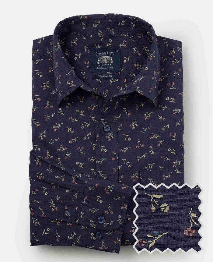 Men's Navy Stretch Cotton Classic Fit Floral Casual Shirt  product shot with swatch