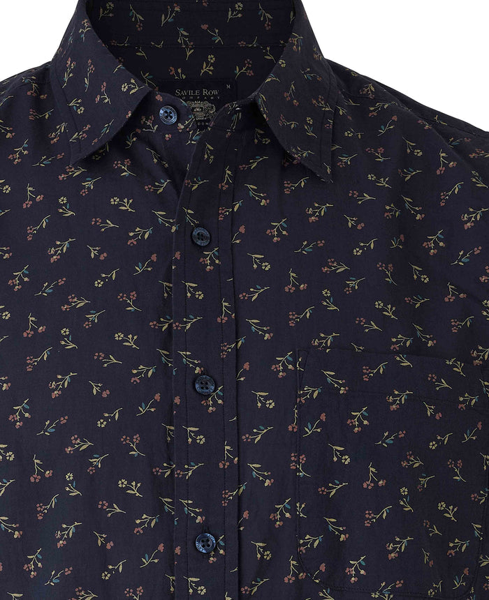 Men's Blue Stretch Cotton Classic Fit Floral Casual Shirt  collar detail