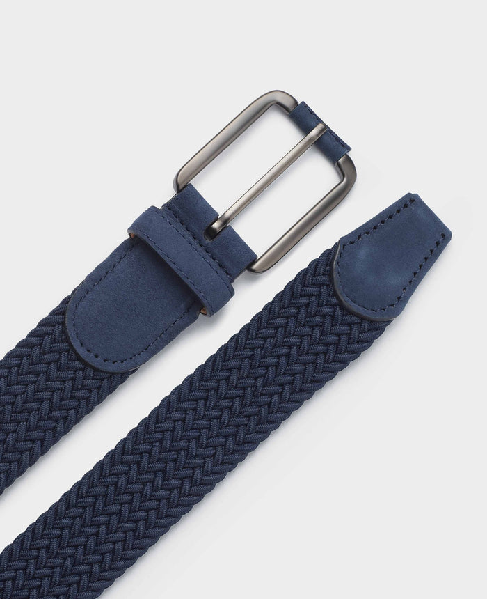 Men's Navy Stretch Woven Belt With Suede Tip flat view