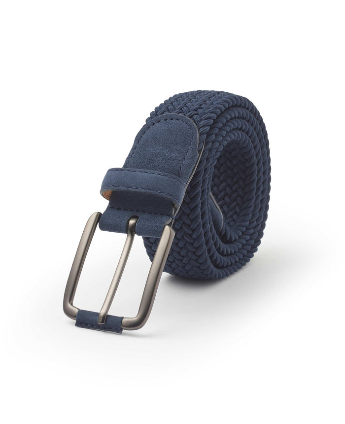 Men's Navy Stretch Woven Belt With Suede Tip rolled