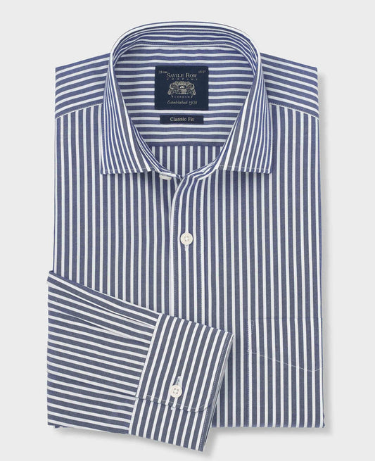 Men's Navy Stripe Cotton Classic Fit Formal Shirt With Single Cuffs folded shot