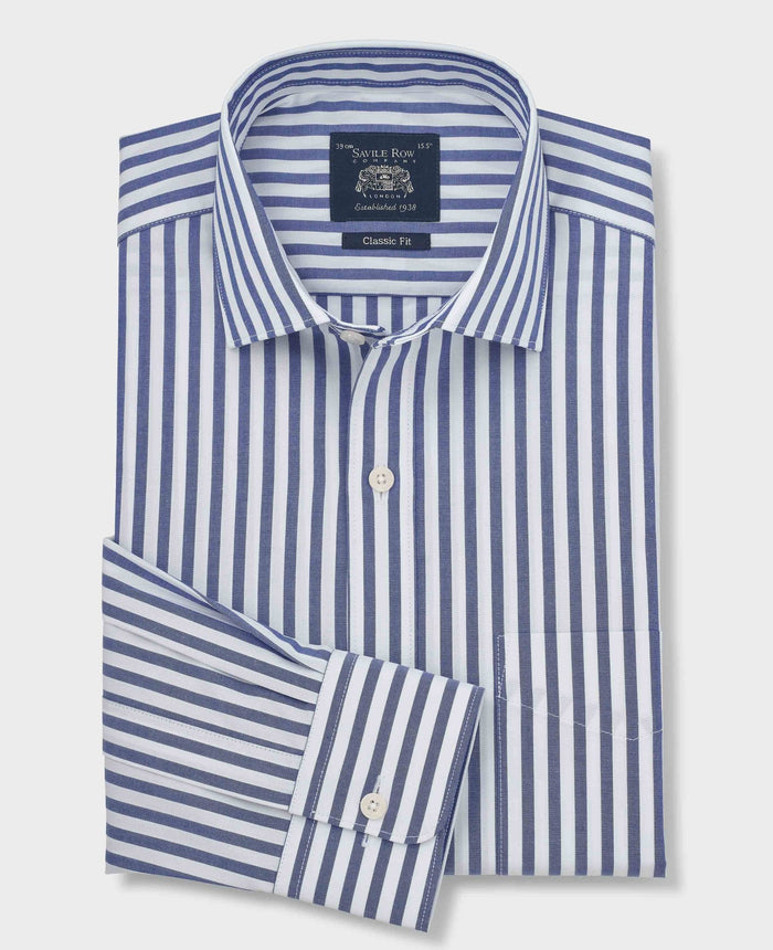 Men's Navy Stripe Cotton Poplin Classic Fit Formal Shirt With Single Cuffs folded shot