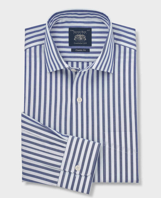 Men's Navy Stripe Cotton Poplin Classic Fit Formal Shirt With Single Cuffs folded shot