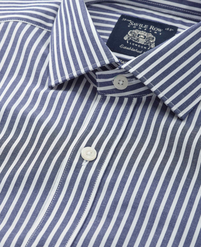 Men's Navy Stripe Cotton Classic Fit Formal Shirt With Single Cuffs collar detail
