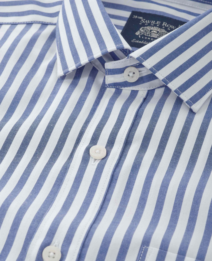 Men's Navy Stripe Cotton Poplin Classic Fit Formal Shirt With Single Cuffs collar detail