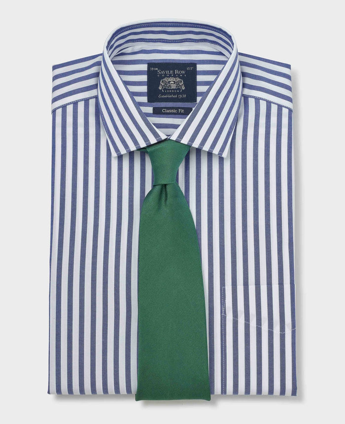 Men's Navy Stripe Cotton Poplin Classic Fit Formal Shirt With Single Cuffs folded with tie