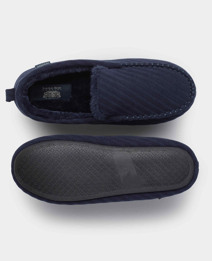 Men's Navy Textured Stripe Moccasin Slippers overhead shot
