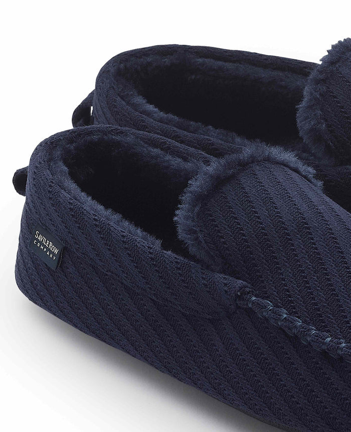 Men's Navy Textured Stripe Moccasin Slippers topline detail