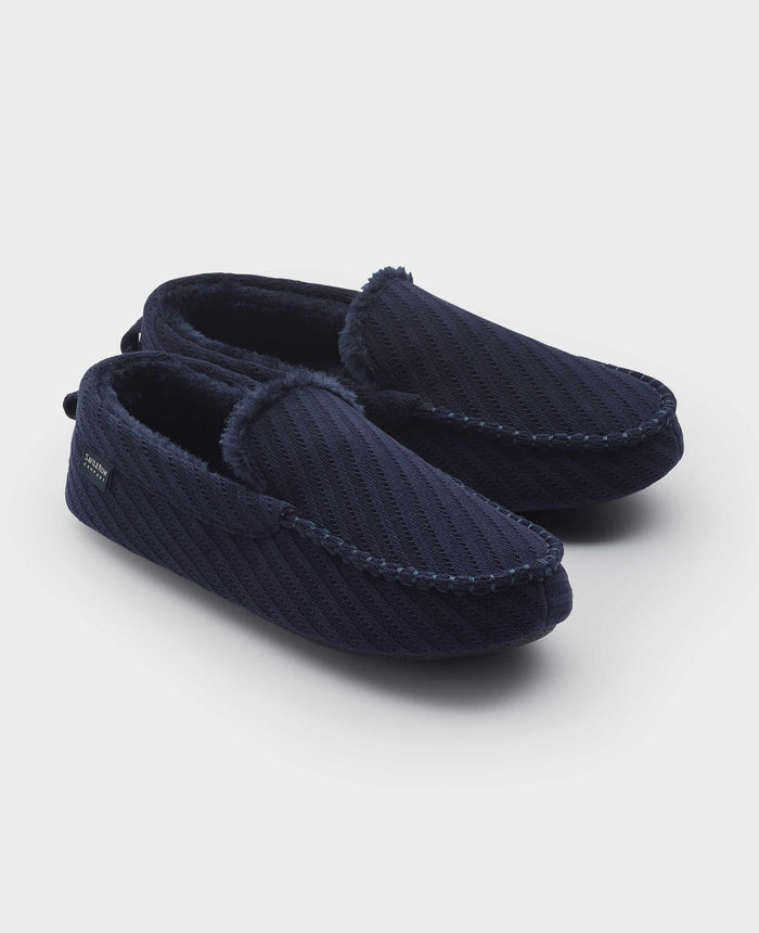 Men's Navy Textured Stripe Moccasin Slippers pair view