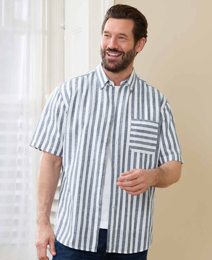Men's Navy White Stripe Linen Cotton Classic Fit Short Sleeve Shirt model shot