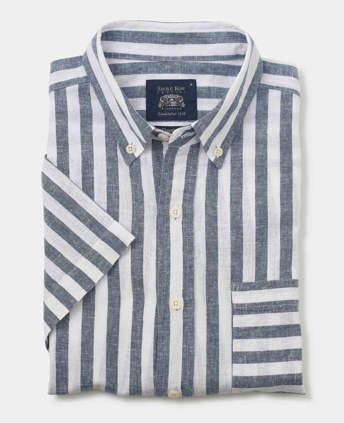 Men's Navy White Stripe Linen Cotton Classic Fit Short Sleeve Shirt folded