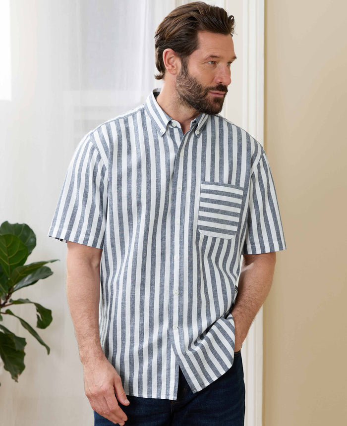 Men's Navy White Stripe Linen Cotton Classic Fit Short Sleeve Shirt model shot