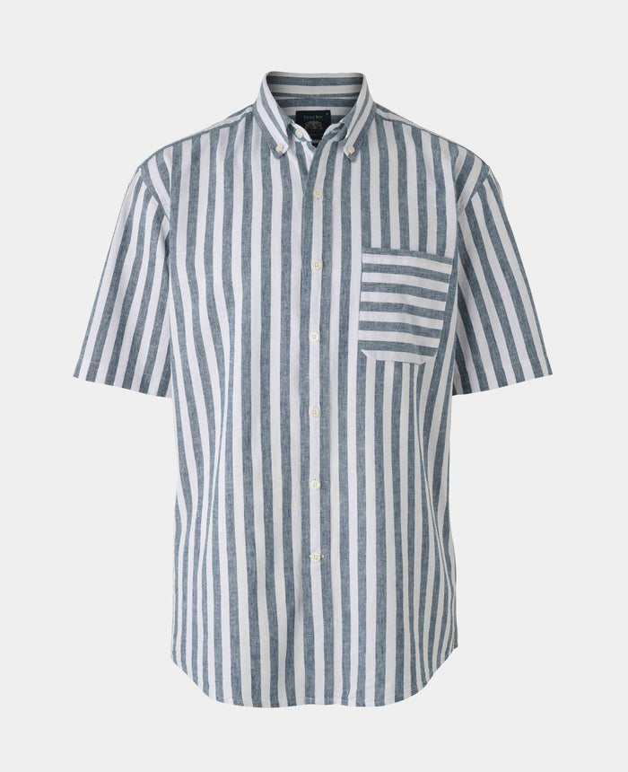 Men's Navy White Stripe Linen Cotton Classic Fit Short Sleeve Shirt mannequin