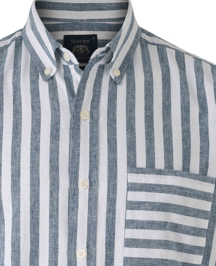 Men's Navy White Stripe Linen Cotton Classic Fit Short Sleeve Shirt collar detail