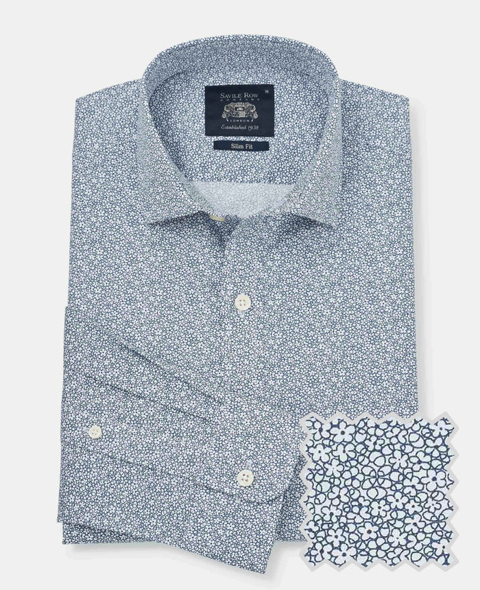 Men's Navy Printed Stretch Cotton Casual Shirt product shot with swatch