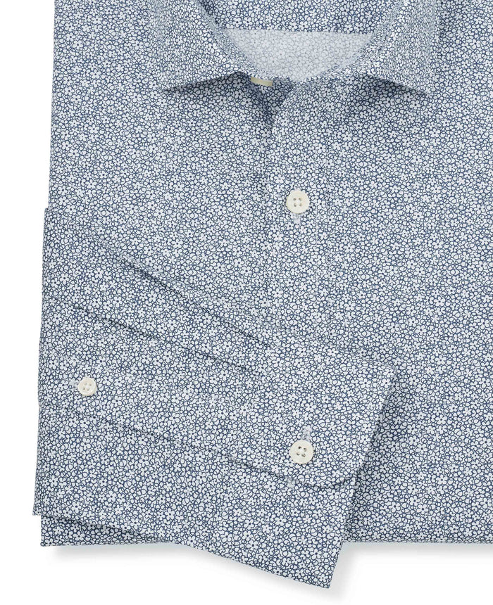 Navy White Stretch Cotton Printed Slim Fit Casual Shirt