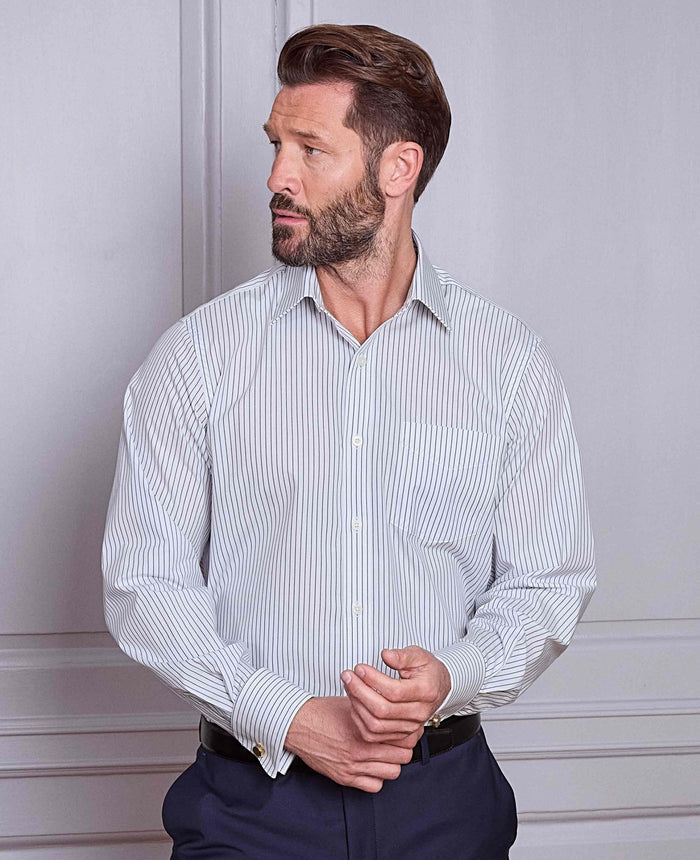 Men's Navy White Stripe Cotton Classic Fit Formal Shirt With Double Cuffs model image