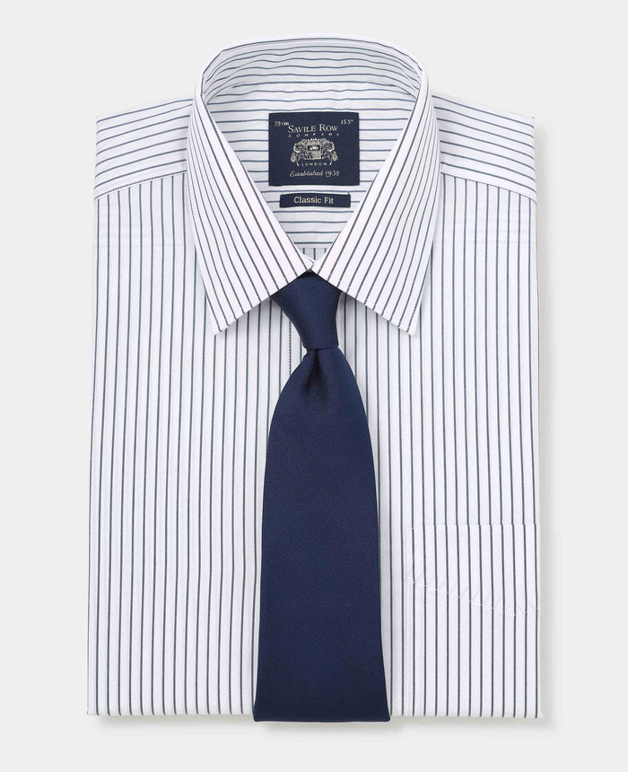 Men's Navy White Stripe Cotton Classic Fit Formal Shirt With Double Cuffs folded with tie