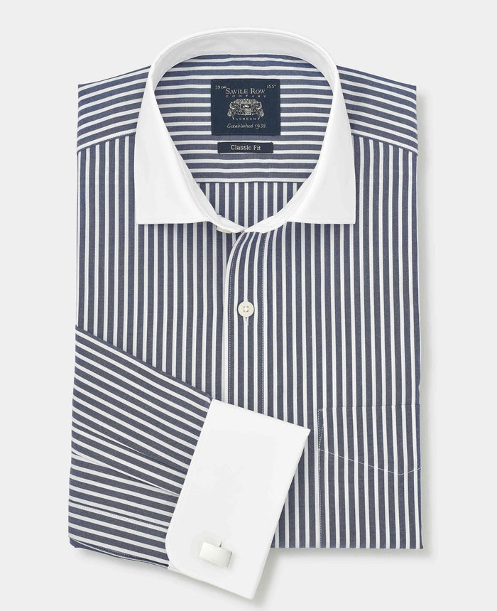 Men's Navy White Stripe Cotton Poplin Classic Fit Winchester Formal Shirt With Double Cuffs folded shot