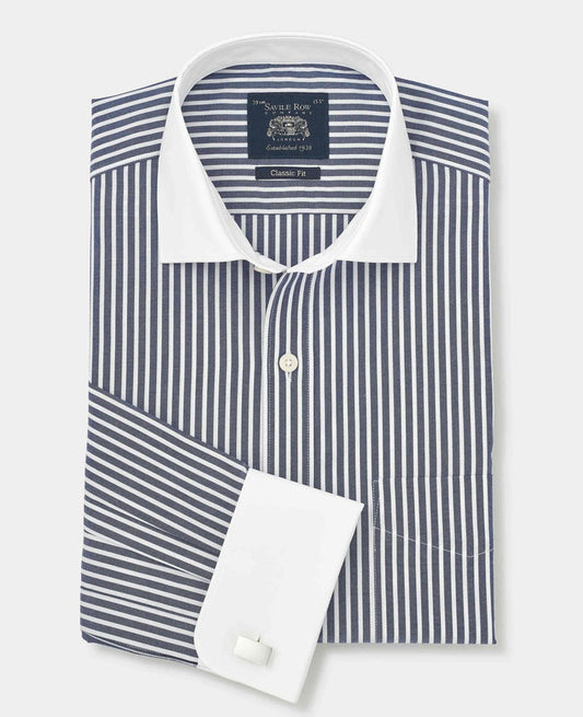 Men's Navy White Stripe Cotton Poplin Classic Fit Winchester Formal Shirt With Double Cuffs folded shot