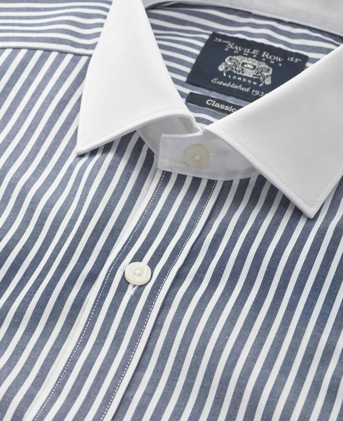 Men's Navy White Stripe Cotton Poplin Classic Fit Winchester Formal Shirt With Double Cuffs collar detail