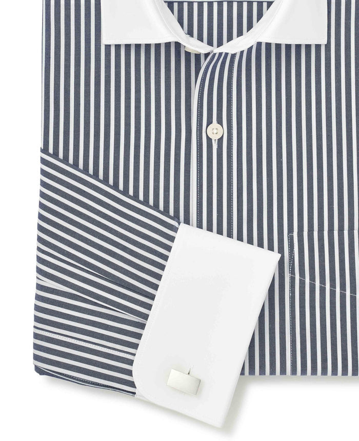 Men's Navy White Stripe Cotton Poplin Classic Fit Winchester Formal Shirt With Double Cuffs sleeve detail