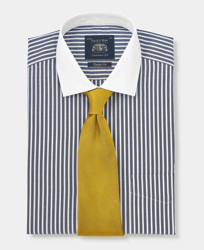 Men's Navy White Stripe Cotton Poplin Classic Fit Winchester Formal Shirt With Double Cuffs folded with tie