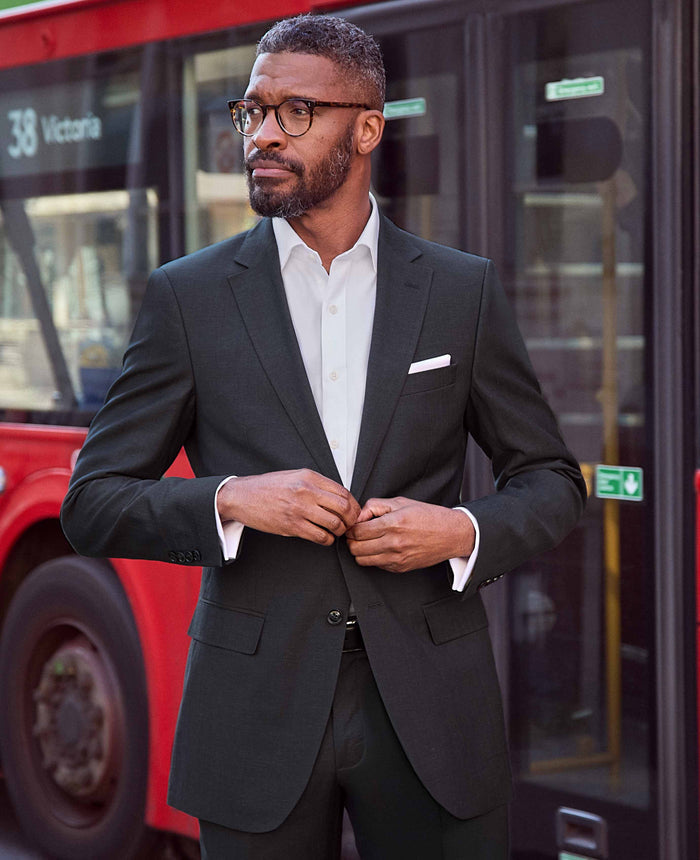Men's Navy Wool Linen Blend Suit Jacket model shot 1