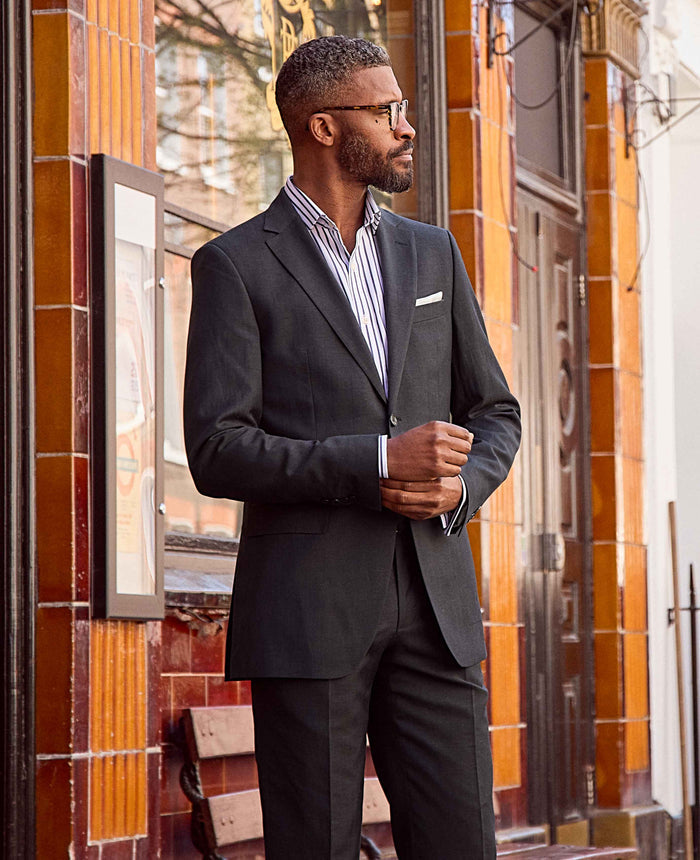 Men's Navy Wool Linen Blend Suit Jacket model shot 2