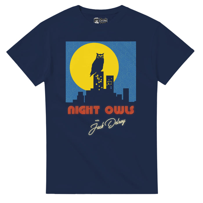 A navy blue colored 70s style souvenir "Night Owls with Jack Delroy" t-shirt with an image of an owl against a yellow full moon, standing on top of a cityscape, against a swirly blue background, referencing the 2023 iconic horror film "Late Night with the Dvil" directed by Camron Cairnes and Colin Cairnes, starring David Dastmalchian, Ingrid Torelli, Laura Gordon, Ian Bliss, and Georgina Haig.
