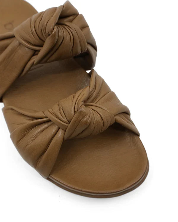 Women's tan leather slide sandals by Bueno | knotted crossover straps slip-on sandals