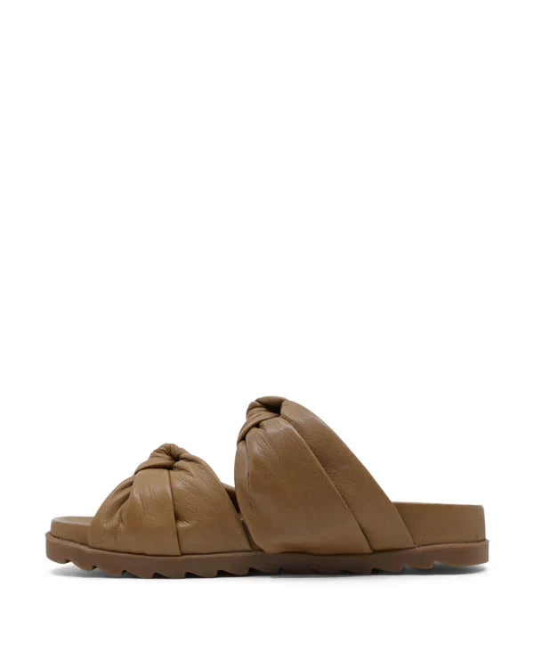 women's leather slide sandals in tan new nature | padded knotted straps sandals