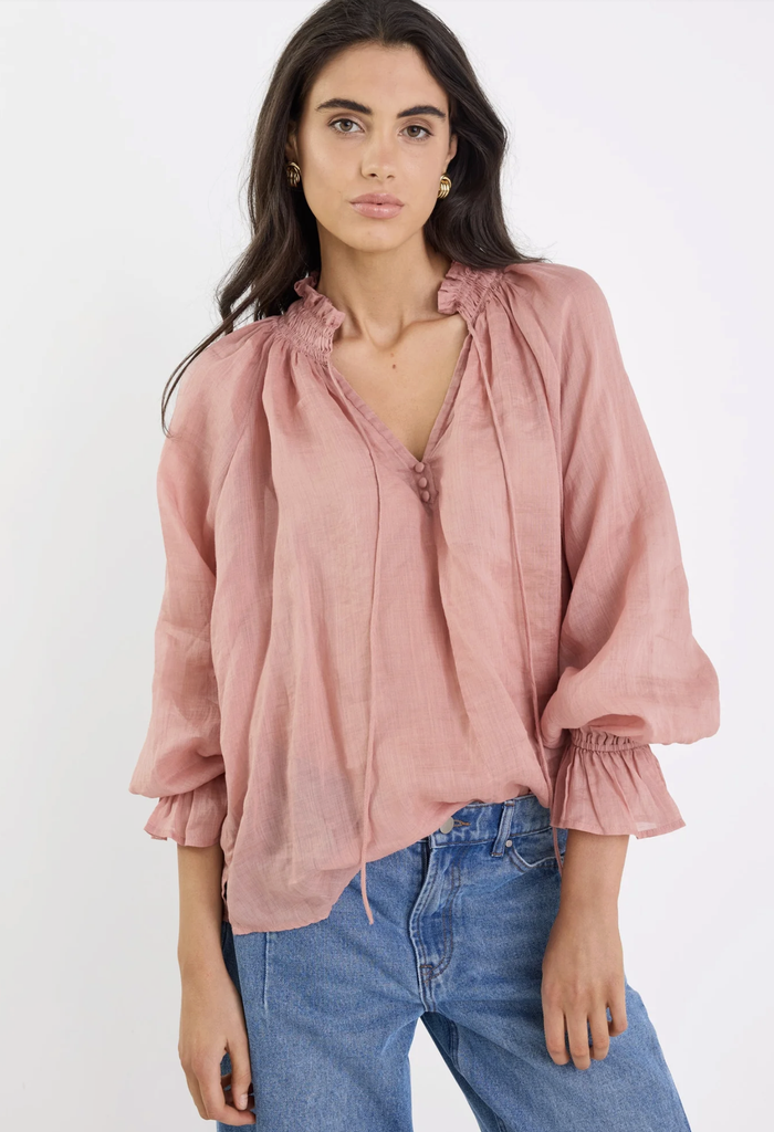Among the Brave Odyssey Shirred Neck Button Long Sleeve Top in Blush | Women's Tops | Gretel Lane