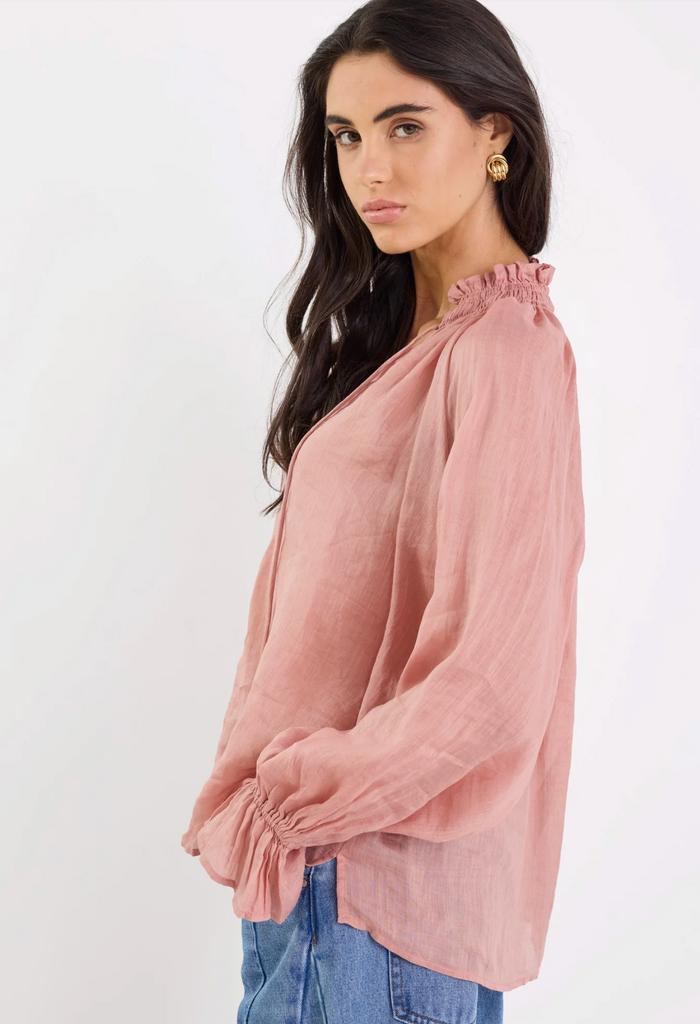 Among the Brave Odyssey Shirred Neck Button Long Sleeve Top in Blush | Women's Tops | Gretel Lane