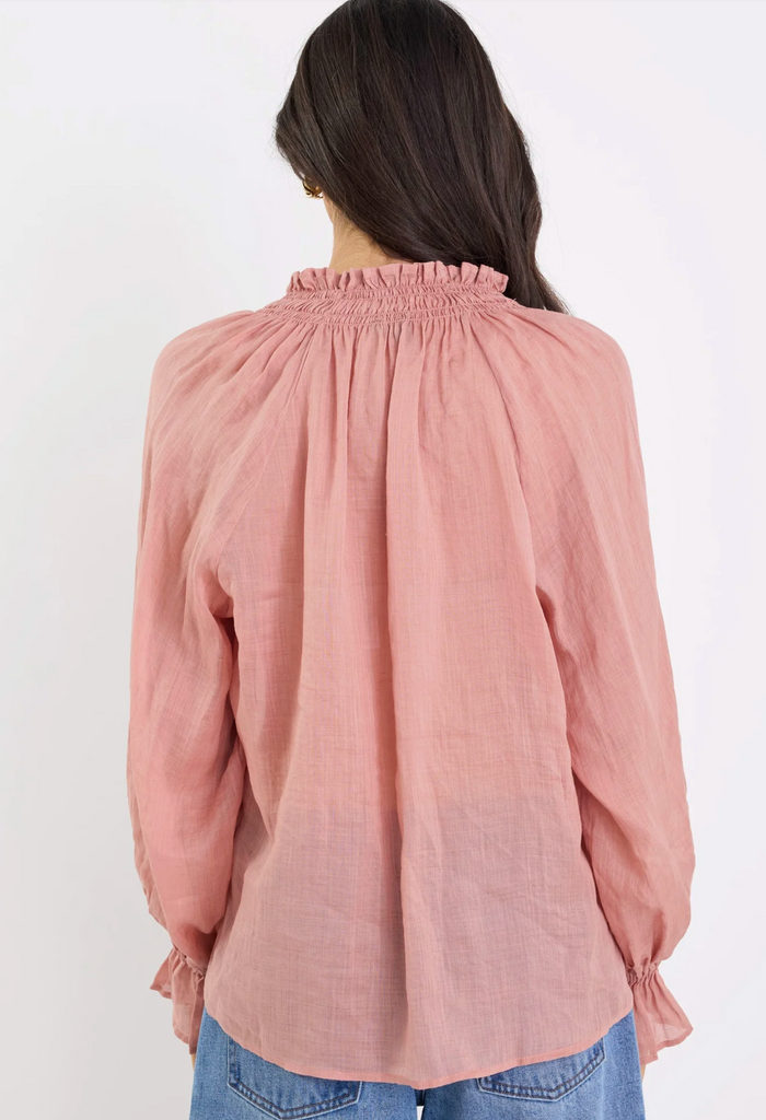 Among the Brave Odyssey Shirred Neck Button Long Sleeve Top in Blush | Women's Tops | Gretel Lane