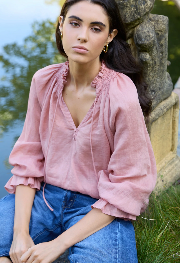 Among the Brave Odyssey Shirred Neck Button Long Sleeve Top in Blush | Women's Tops | Gretel Lane