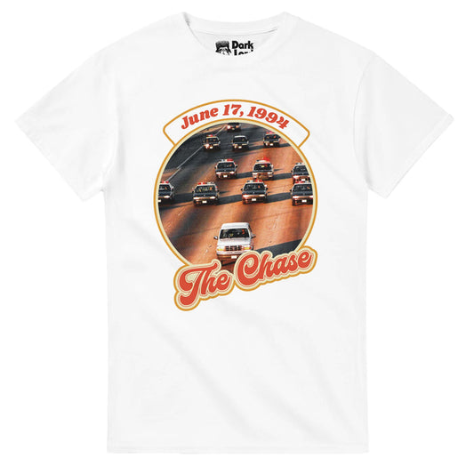 A vintage, white colored souvenir t-shirt that says 'June 17, 1994' and 'The Chase' in red surrounding a circular image of many police cars and an Oxford White 1993 Ford Bronco in reference to O. J. Simpson, nickname "The Juice, an NFL player, famous for the celebrity murder trial after the deaths of Nicole Brown Simpson, his ex-wife, & Ronald Goldman, and the 2010 ESPN 30 Under 30 documentary also called "June 17, 1994" all about the events on the day that police chased O.J. Simpson down the hi