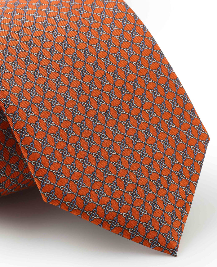 Men's Orange Link Print Silk Tie pattern detail