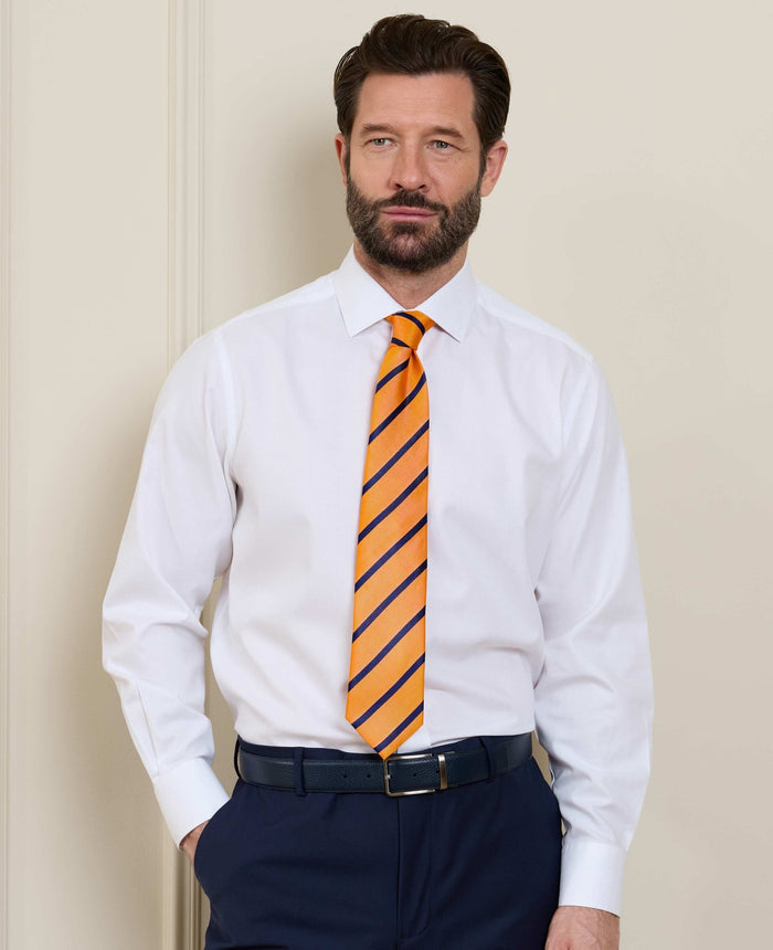 Men's Orange Stripe Silk Tie model shot
