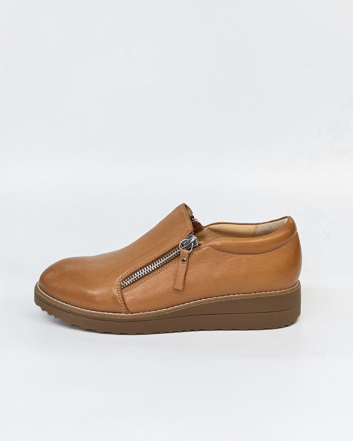 Top End Women's Twin Zip Loafer Ostel in Dark Tan Leather | Gretel Lane