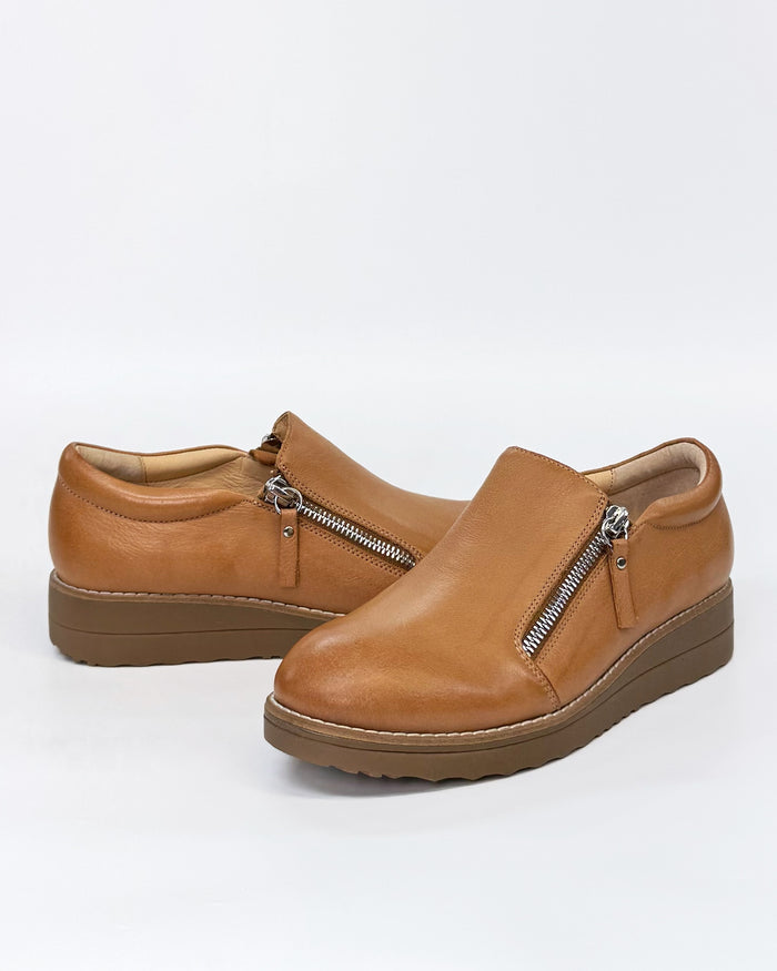 Top End Women's Twin Zip Loafer Ostel in Dark Tan Leather | Gretel Lane