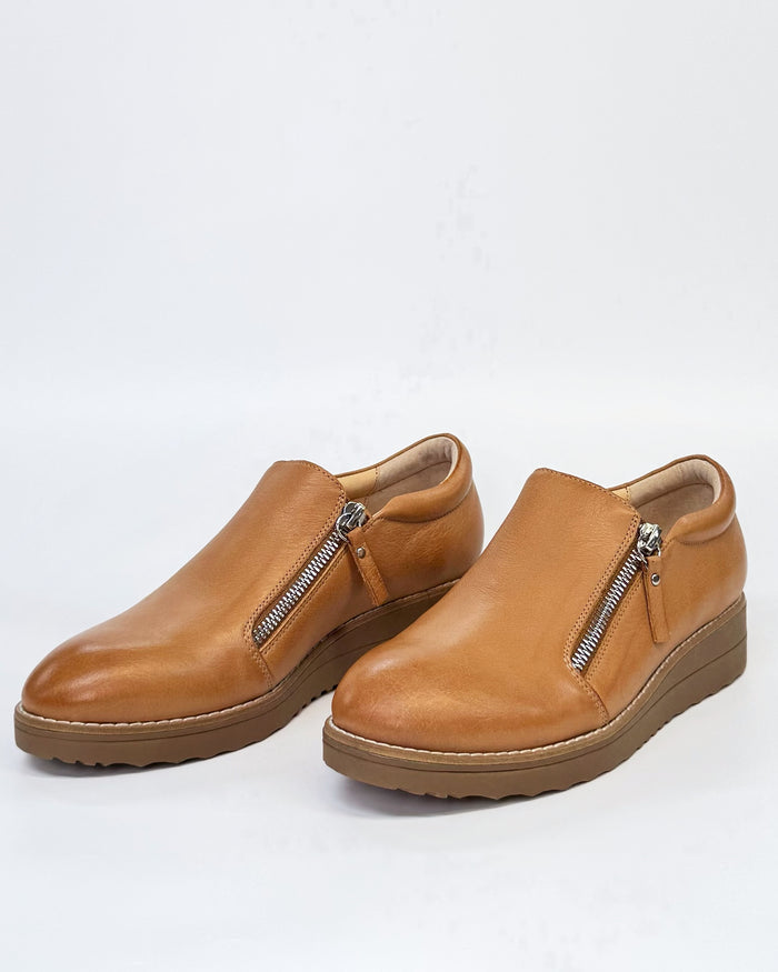 Top End Women's Twin Zip Loafer Ostel in Dark Tan Leather | Gretel Lane