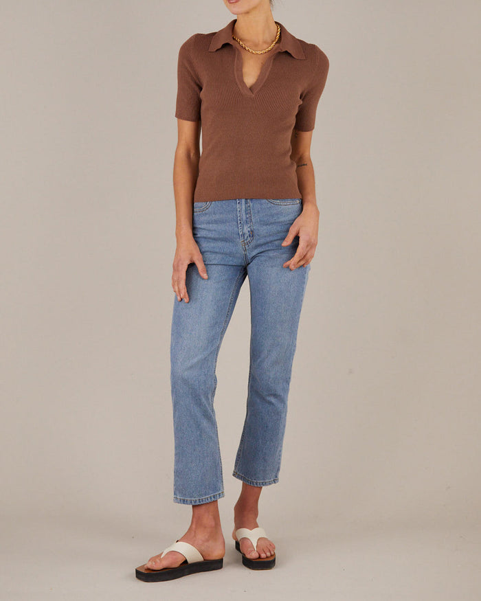 women's collared V neck knit top Cocoa brown