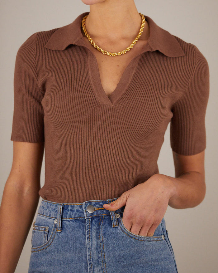 fitted rib knit top in Cocoa collared neckline
