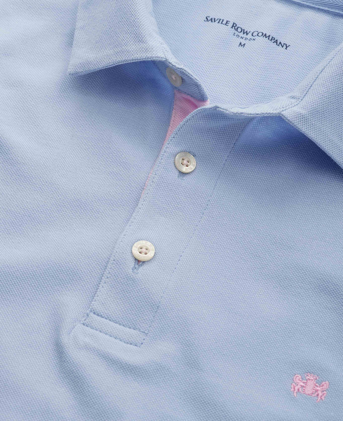Men's Pale Blue Cotton Piqué Short Sleeve Polo Shirt collar detail