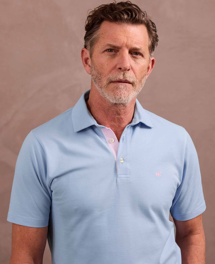 Men's Pale Blue Cotton Piqué Short Sleeve Polo Shirt model shot