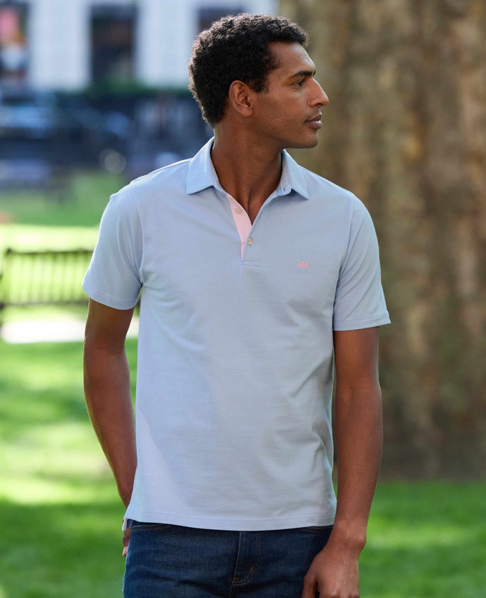 Pale Blue Cotton Pique Short Sleeve Polo Shirt